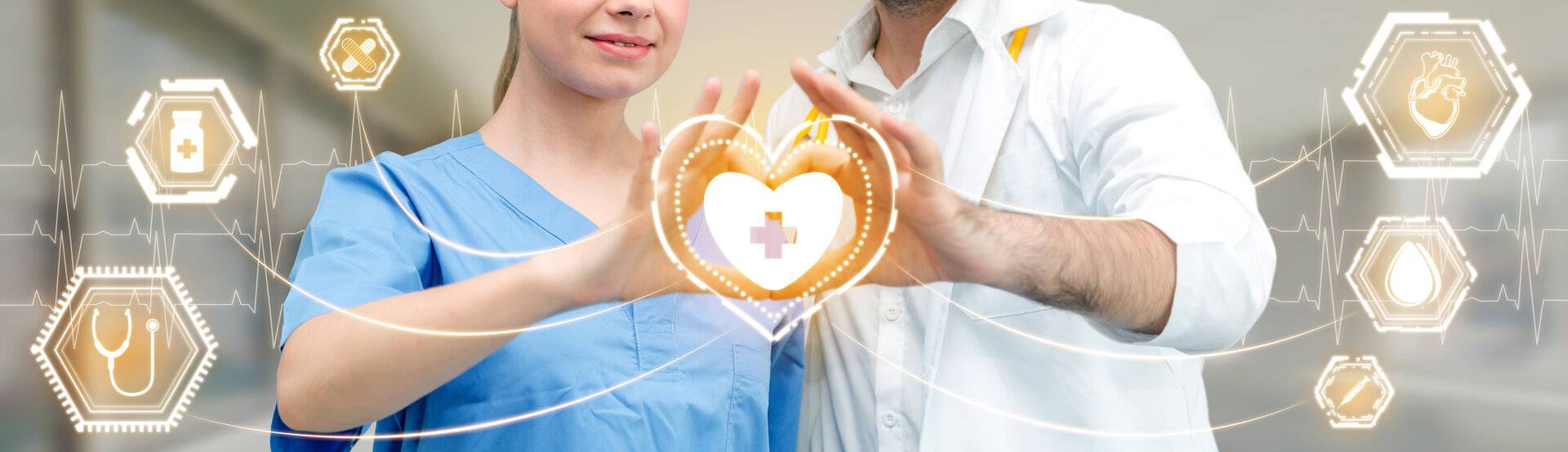 Medizinisches Gesundheitskonzept - Arzt und Ärztin mit digitalen, medizinischen Symbolen für Medizin, medizinische Versorgung, Notdienstnetz und Pflegedienst