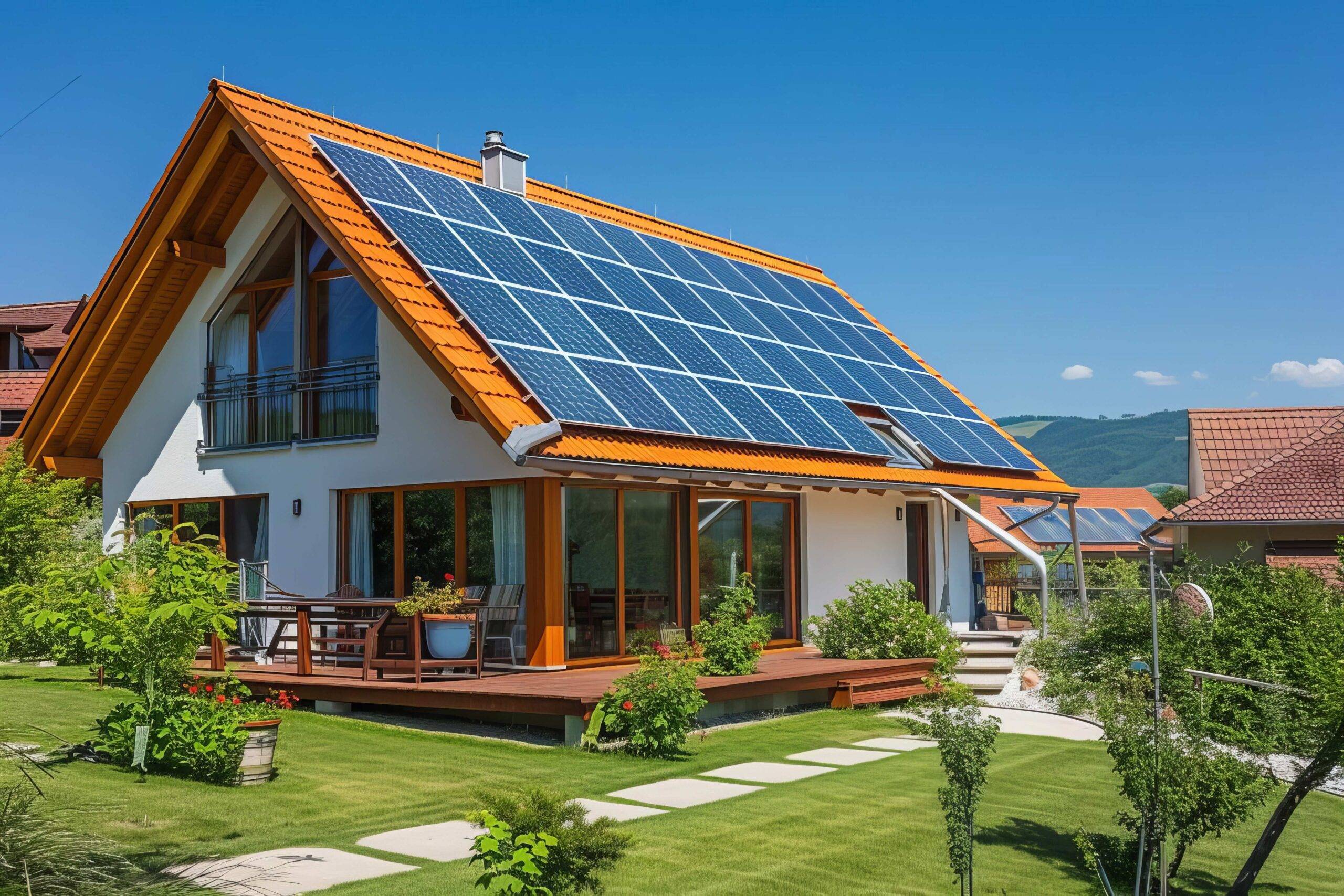 Neues Vorstadthaus mit umweltfreundlichem Design und Photovoltaik-Solarpaneelen auf dem Dach, das Fortschritte im Bereich umweltfreundliches Wohnen und nachhaltigen Hausbau widerspiegelt