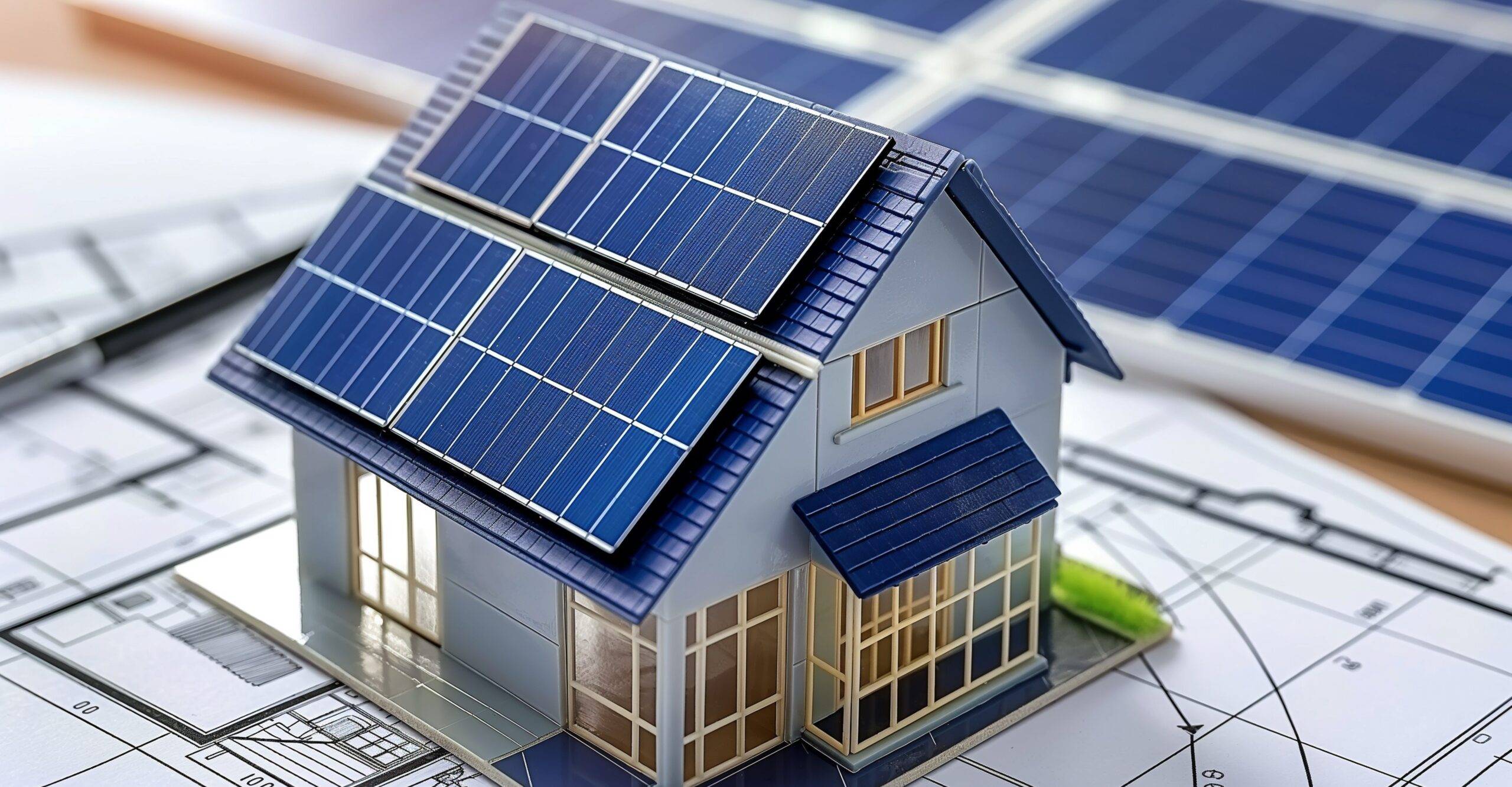 Modellhaus mit Sonnenkollektoren auf Blaupausen für nachhaltiges Leben