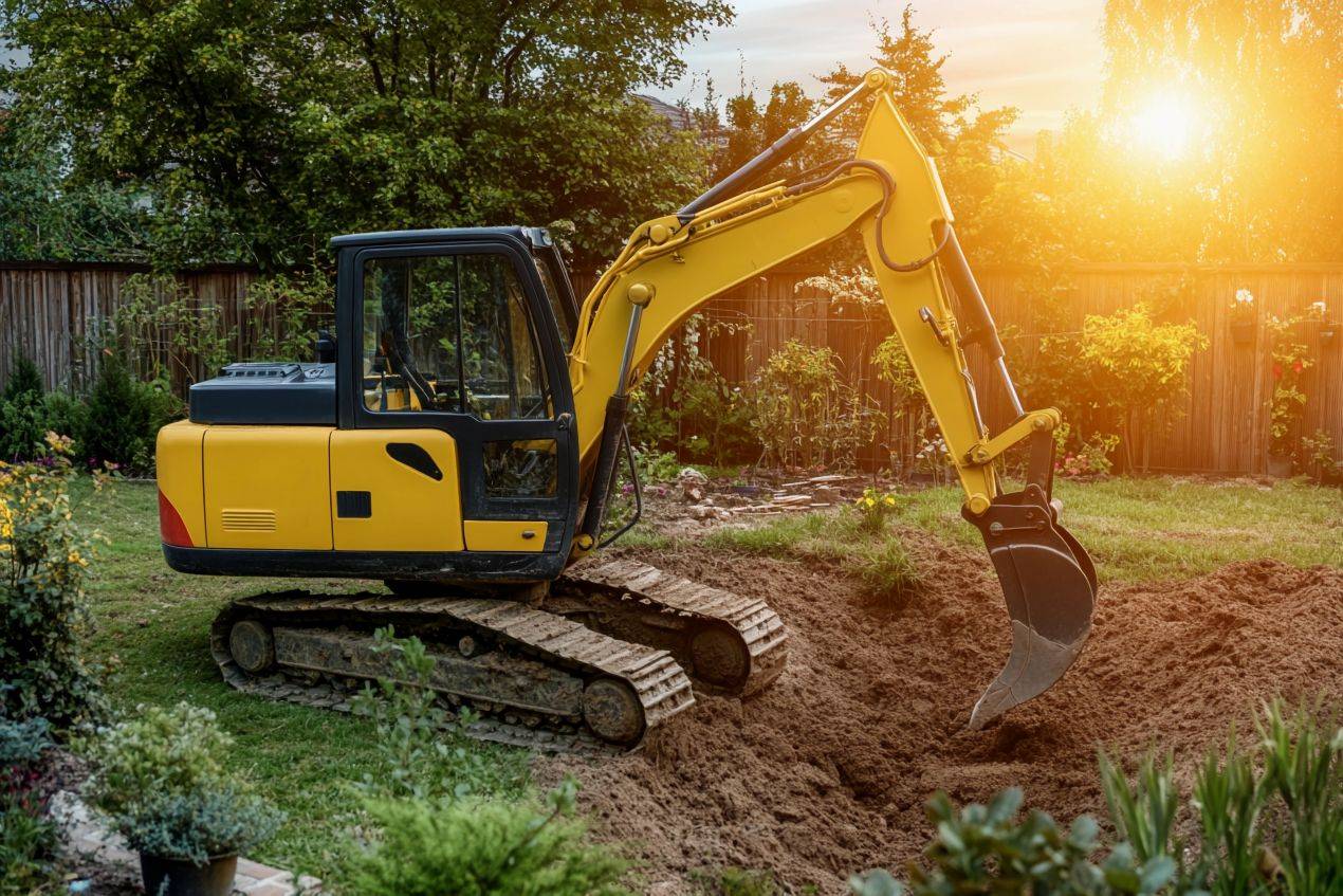 Grosser Bagger arbeitet im Garten bei Sonnenuntergang zur Entfernung von Wurzeln mit Wurzelfraese