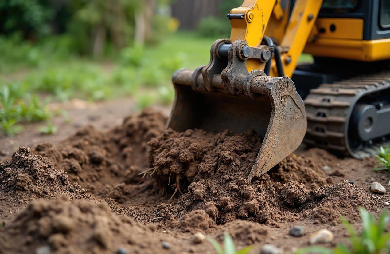 Gelber Minibagger entfernt Erdreich im Garten zur Vorbereitung des Einsatzes einer Wurzelfraese