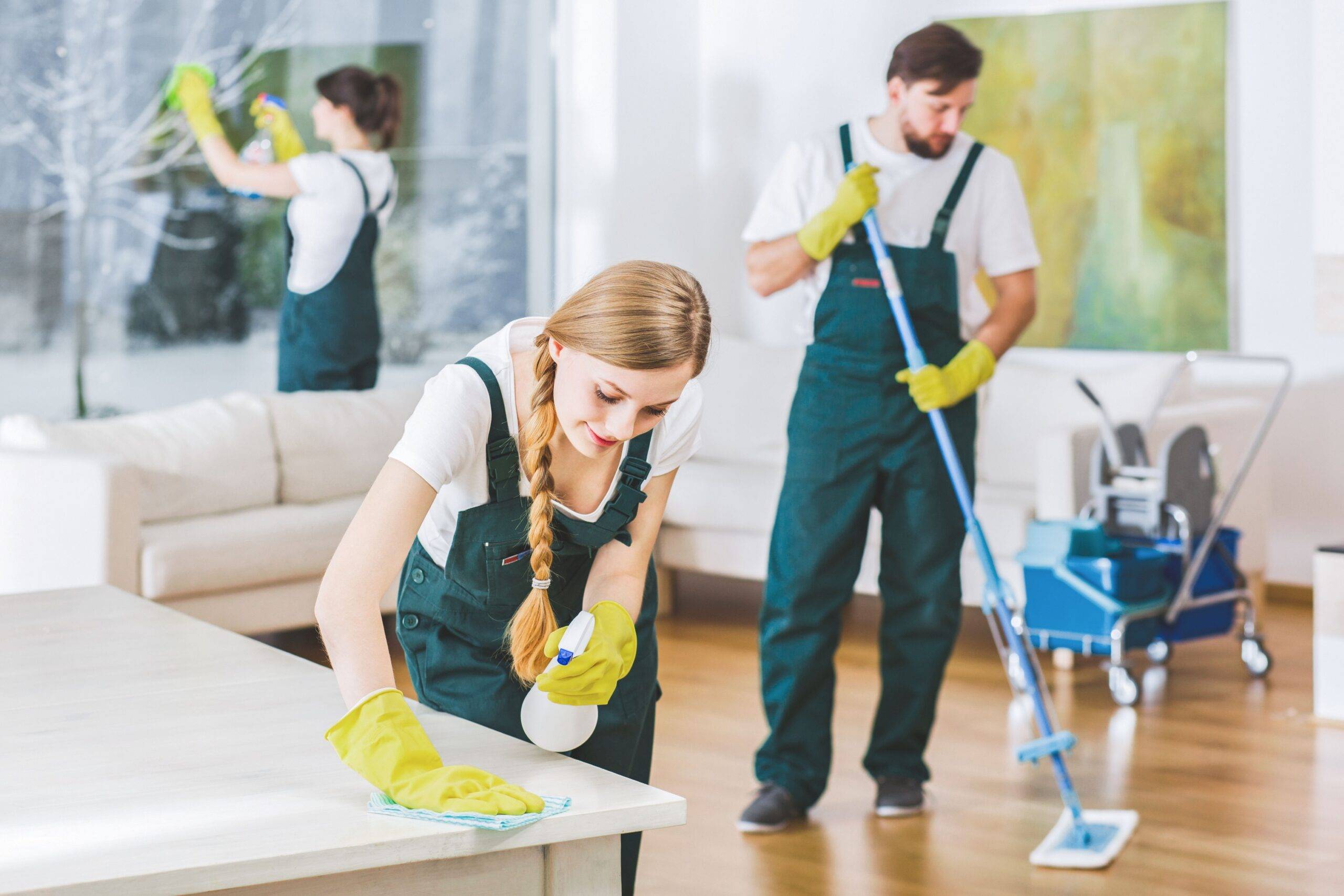 Team für professionelle Gebäudereinigung bei der Arbeit in einem hellen Arbeitsbereich